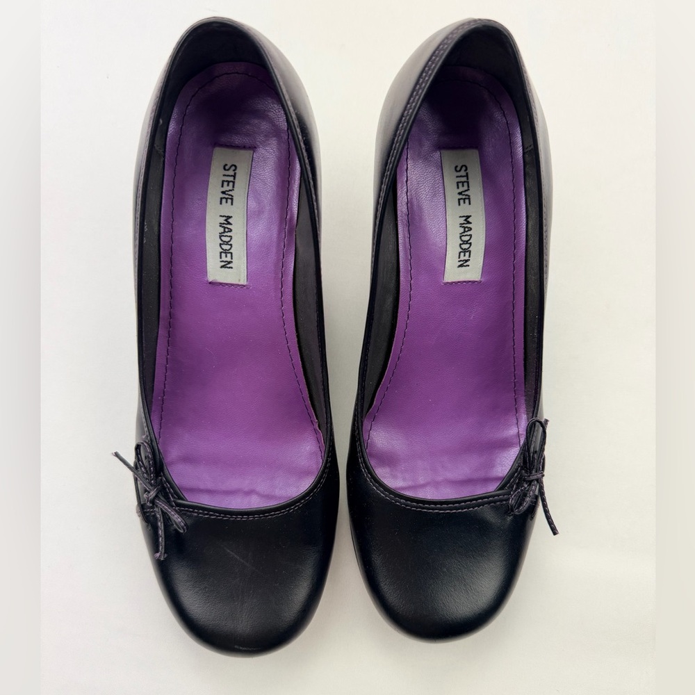 Steve Madden Volit Black Leather Kitten Heel Pumps Bow Detail Size 8B - Picture 3 of 10